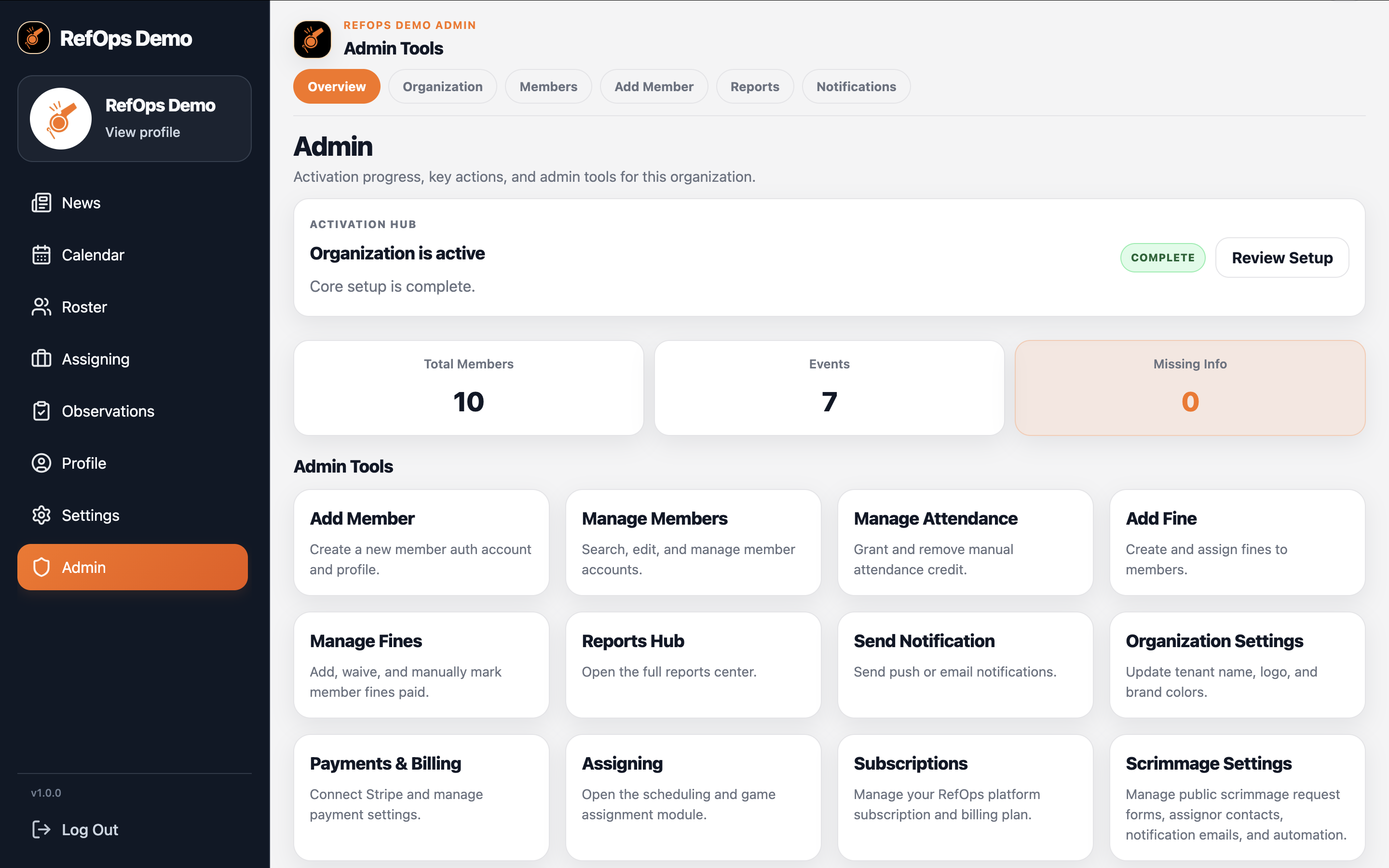 RefOps admin dashboard with board operations tools