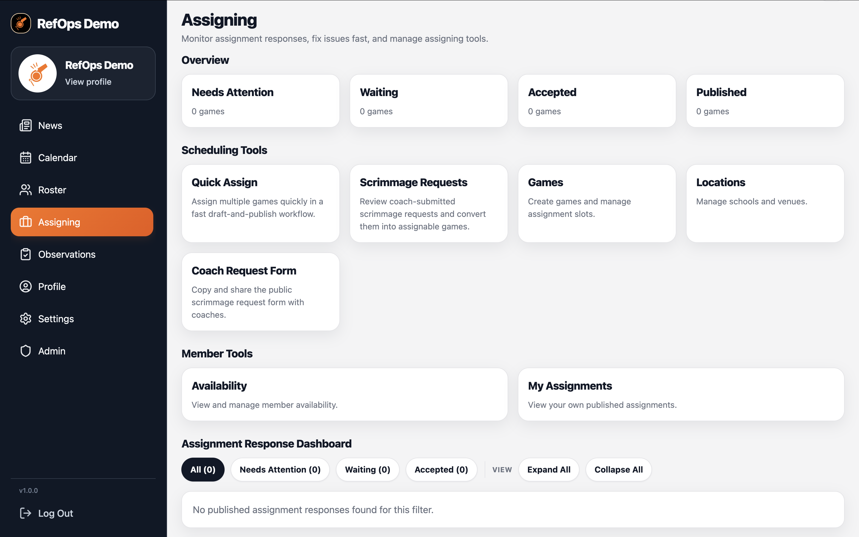 RefOps assigning dashboard for managing games, locations, and requests