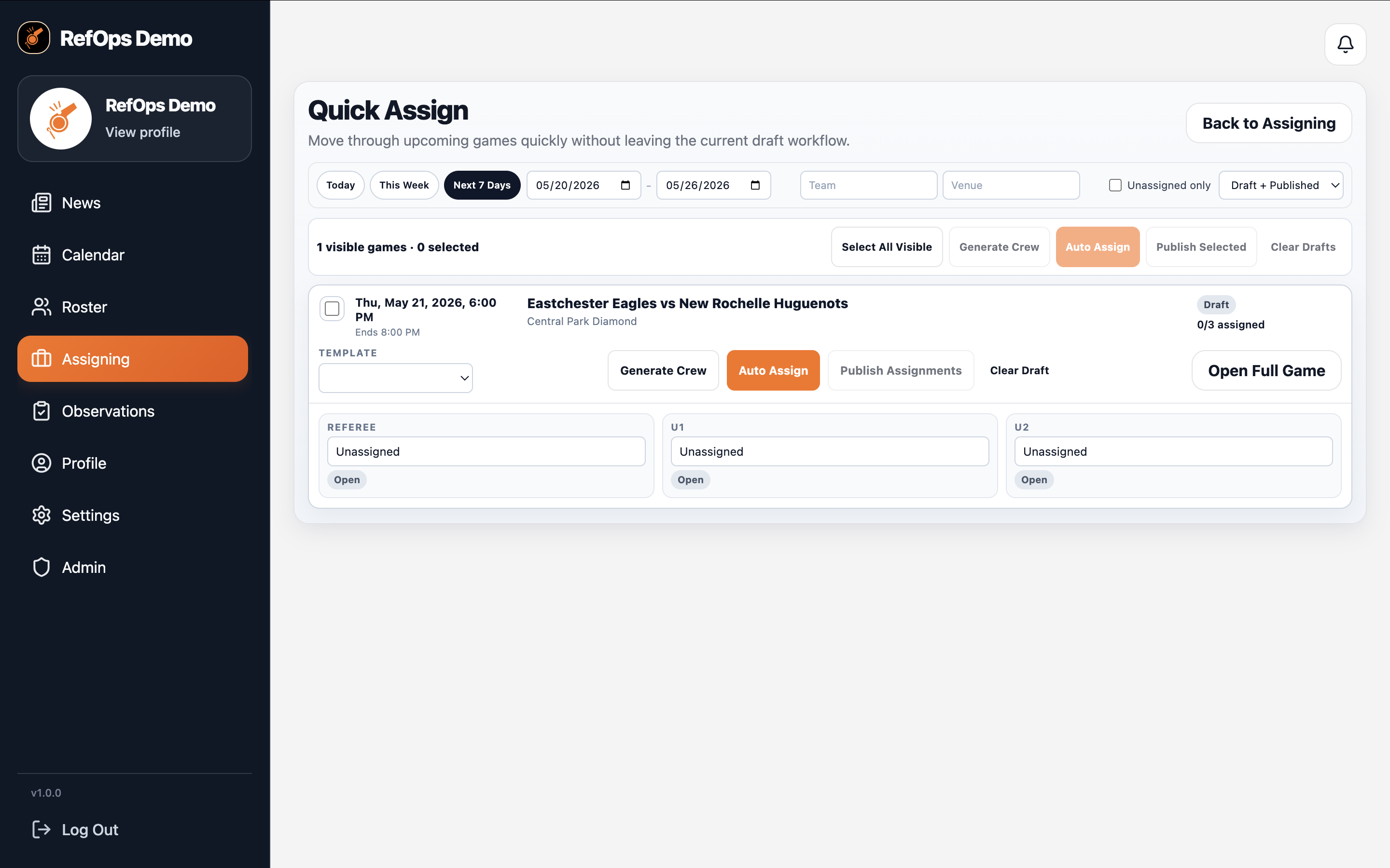 RefOps Quick Assign dashboard for building officiating crews