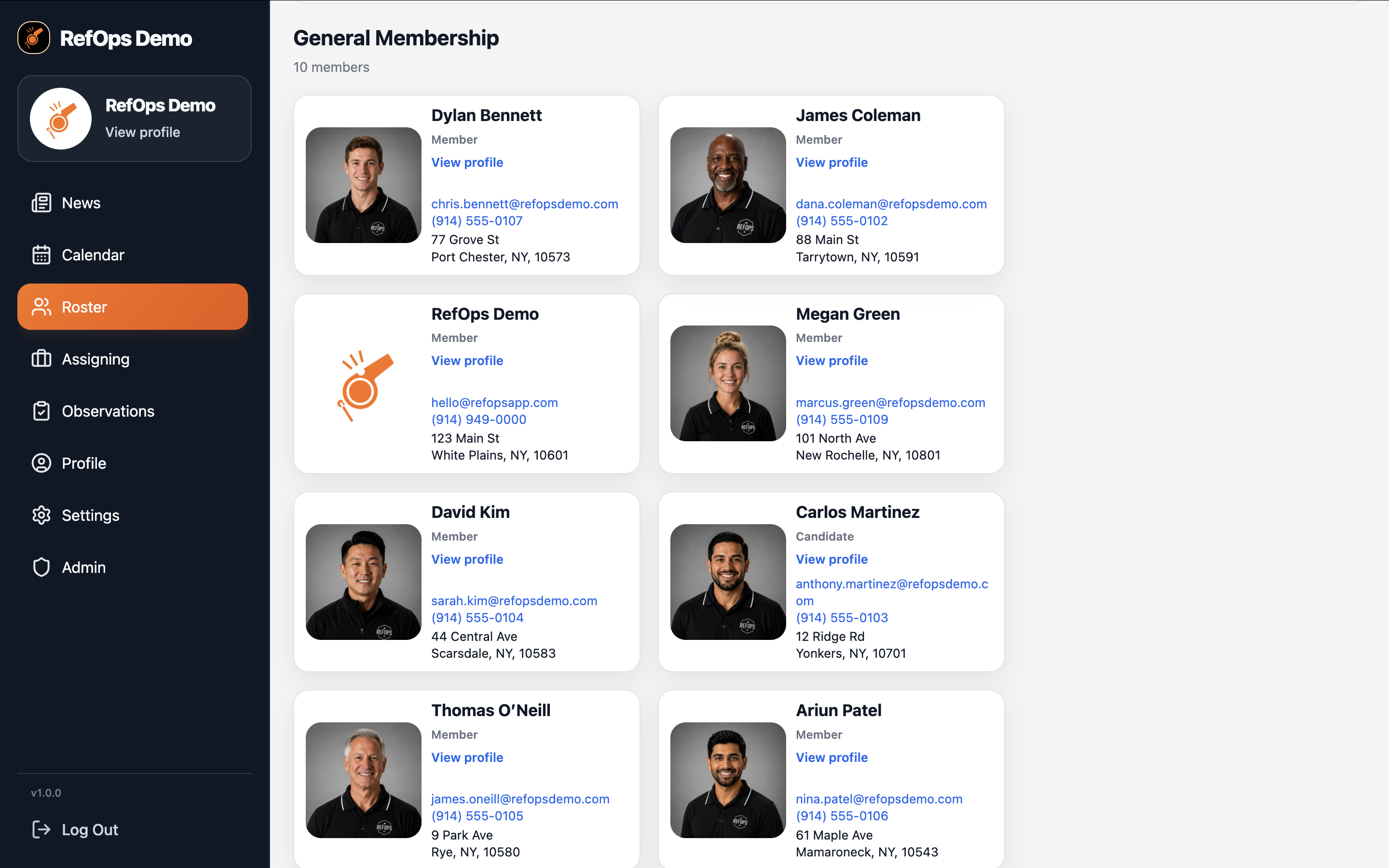 Roster screenshot in RefOps